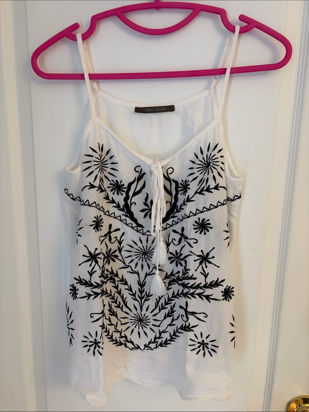 Suzy Shier White Cami with Black Floral Embroidery and Tassel Tie